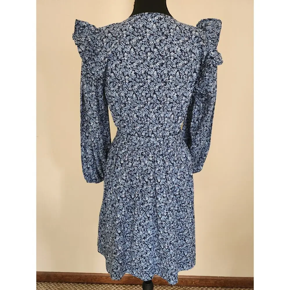 J. Crew Re-Imagined XS Blue Floral Ruffle Shoulder Dress Pockets CottageCore